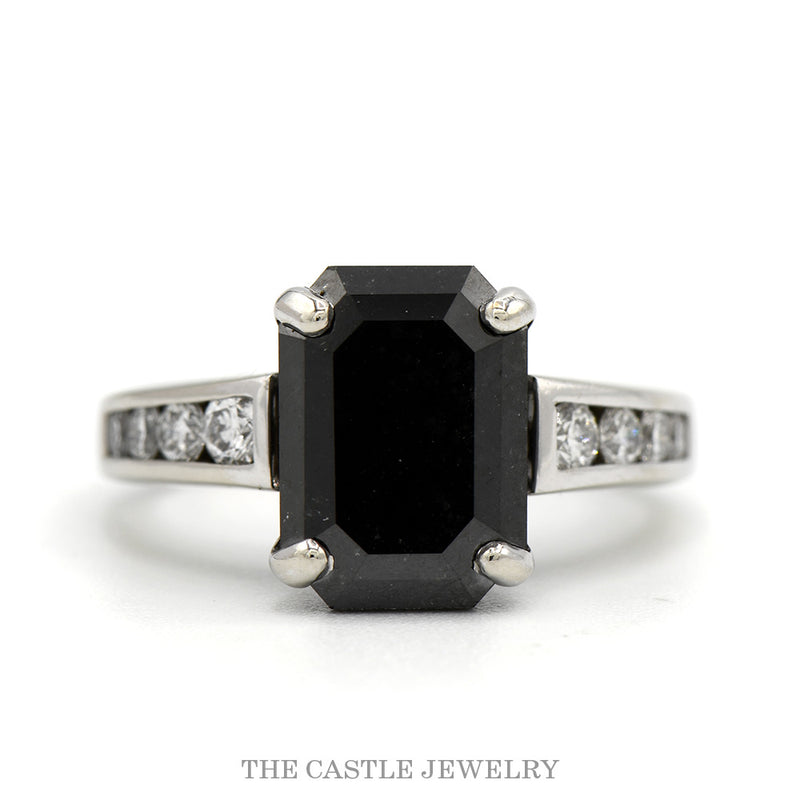 6ct Emerald Cut Black Diamond Ring with Channel Set Diamond Accented Sides in 14k White Gold