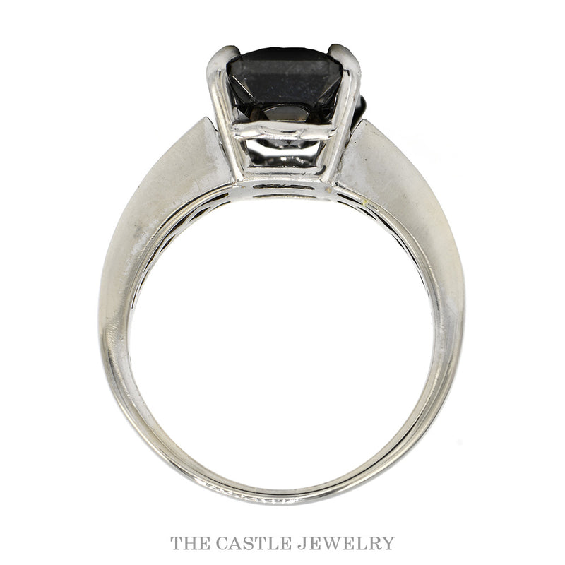 6ct Emerald Cut Black Diamond Ring with Channel Set Diamond Accented Sides in 14k White Gold