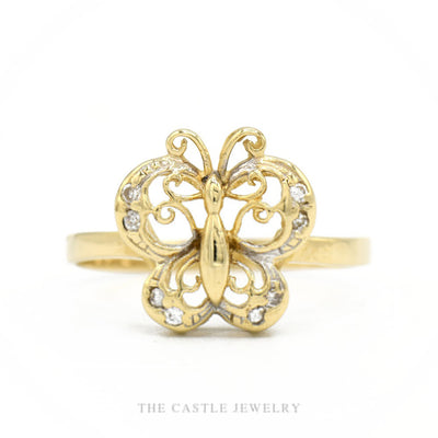 14k yellow gold butterfly ring with openwork filigree wings and cubic zirconia accents — top view