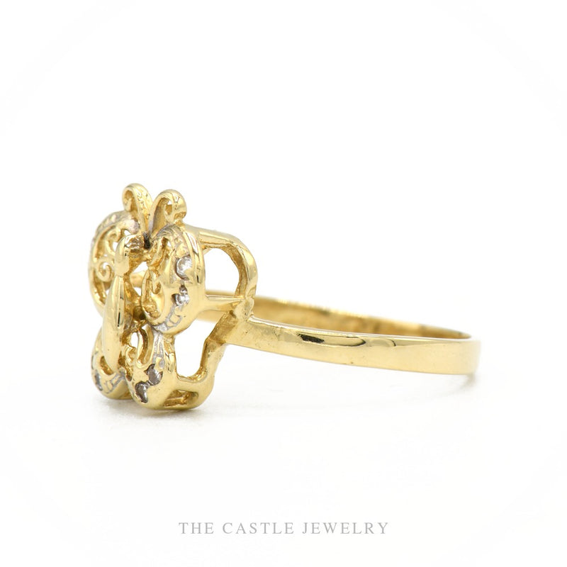 Side profile of the 14k yellow gold butterfly ring showing wing height and shank