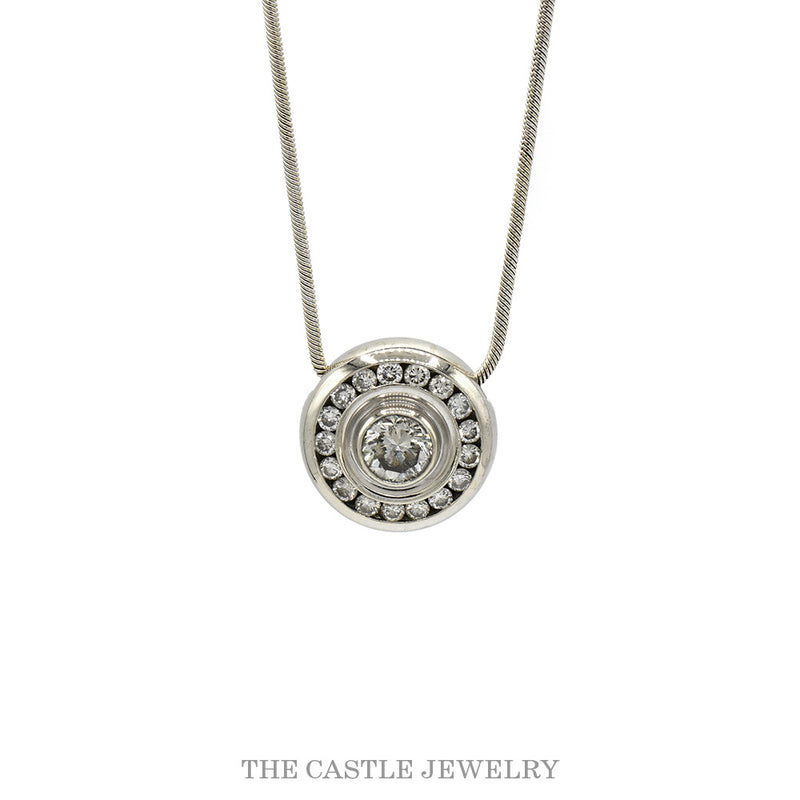 1/2cttw Round Shaped Bezel Set Diamond Cluster Pendant on 20 Inch Snake Chain in 14k White Gold