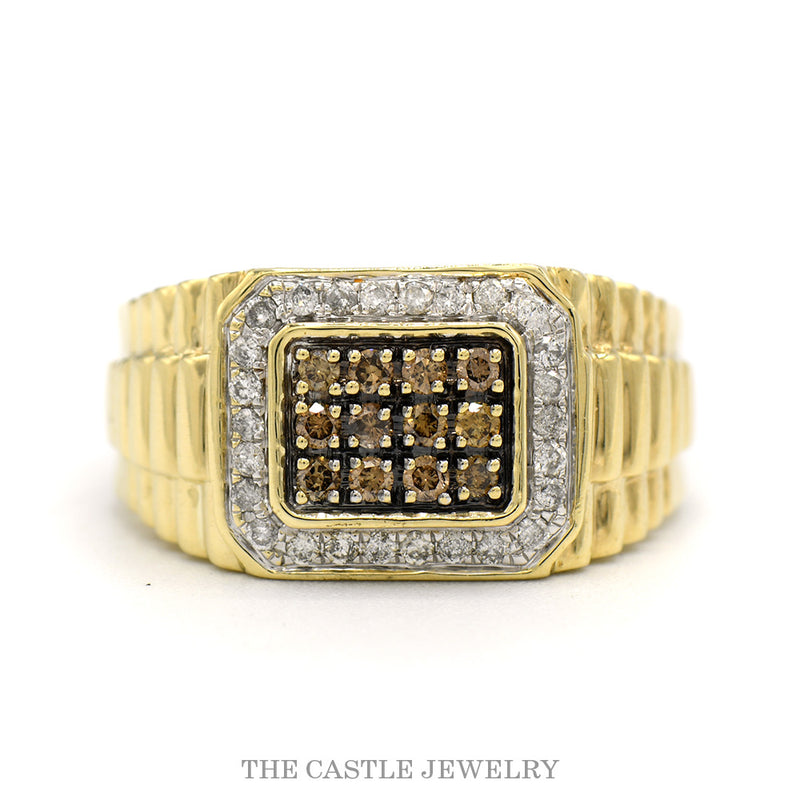 10k yellow gold men's ring with 0.50ctw chocolate diamond pavé center, white diamond halo, and Rolex-style ridged shoulders — top view