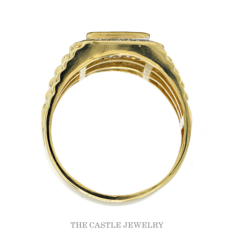 Front-facing view of the 10k yellow gold chocolate diamond cluster ring showing the stepped shoulder bars