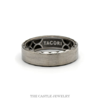 Tacori 6.25mm brushed men's band with scalloped crescent edges in 18k white gold — showing the crescent interior and TACORI stamp