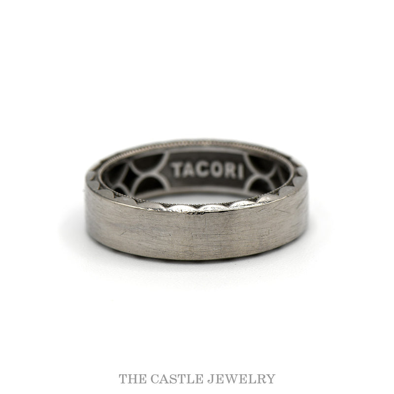 Tacori 6.25mm brushed men's band with scalloped crescent edges in 18k white gold — showing the crescent interior and TACORI stamp