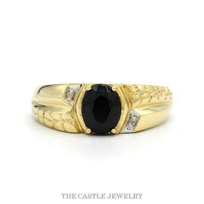 10k yellow gold men's ring with faceted oval black onyx center, small diamond accents, and bark-textured shoulders — top view