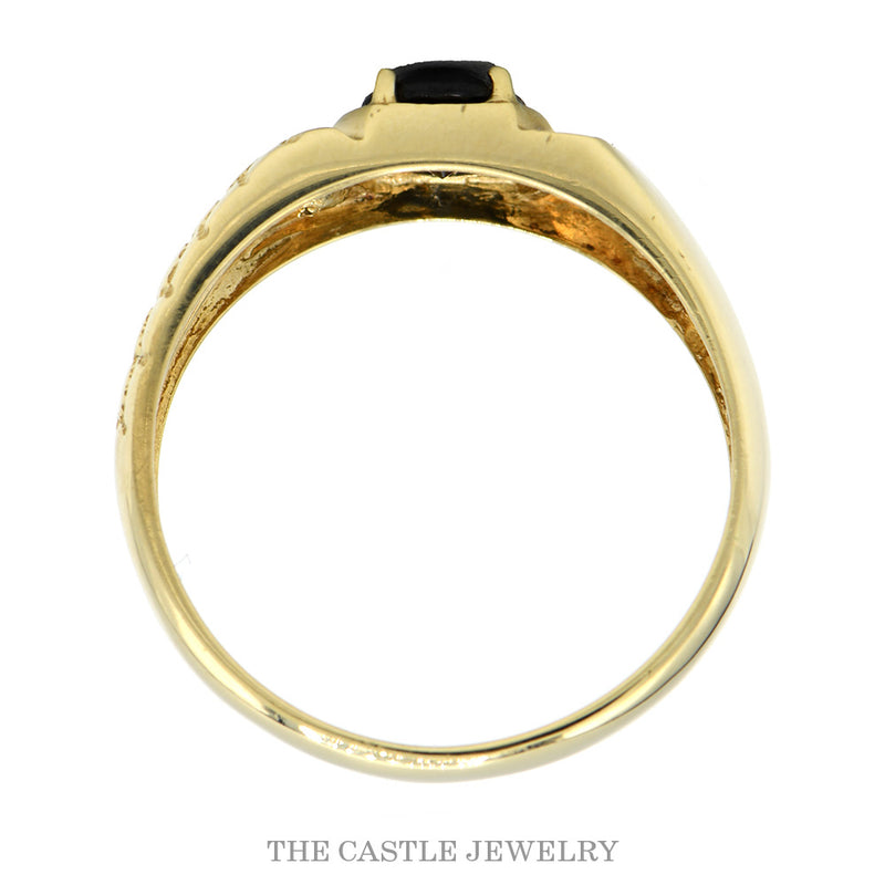 Front-facing view of the 10k yellow gold oval black onyx ring showing double-prong setting and textured band