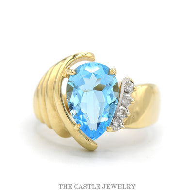 10K Yellow Gold Pear Blue Topaz Diamond Accent Statement Ring