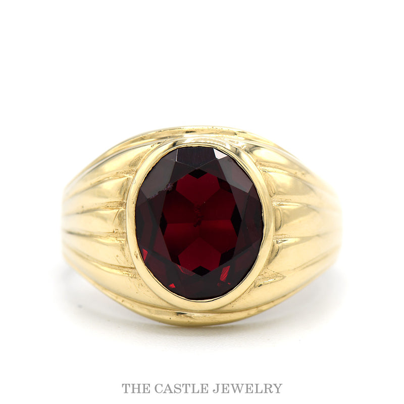 10K Yellow Gold Oval Garnet Bezel Set Grooved Statement Ring