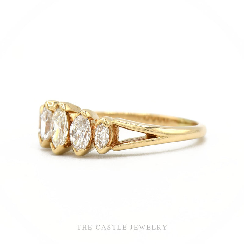 Side profile of the 14k yellow gold marquise diamond band showing setting height and tapered shank