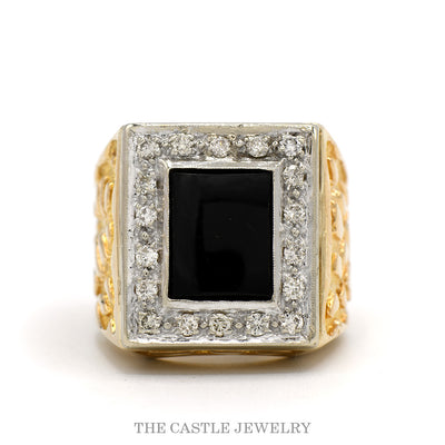 Rectangular Black Onyx Men's Ring with Diamond Bezel and Nugget Designed Sides in 10k Yellow Gold