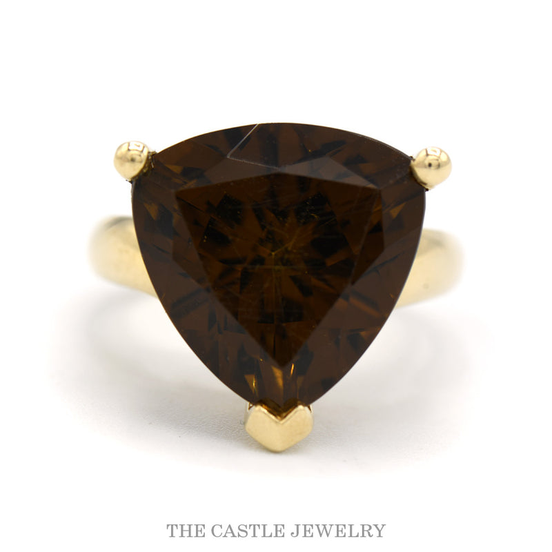 Large Trillion Cut Smokey Quartz Ring in 14k Yellow Gold