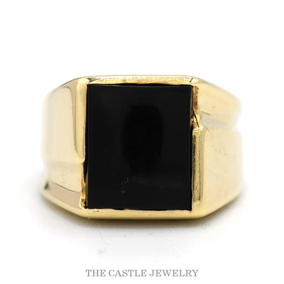 Square Black Onyx Men's Ring with Ridged Sides in 10k Yellow Gold