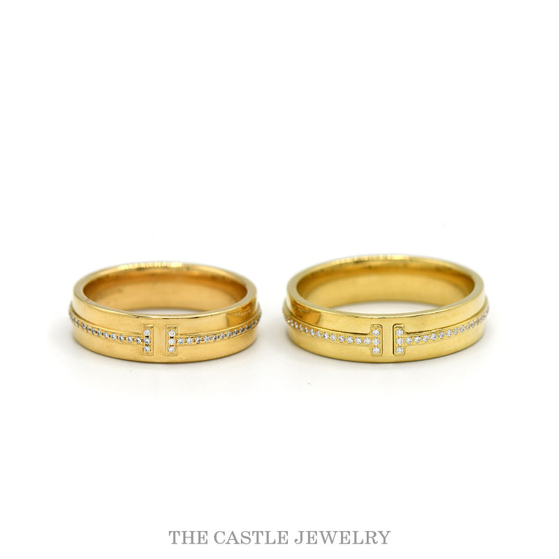 Side view of the pair of Tiffany & Co. T diamond bands
