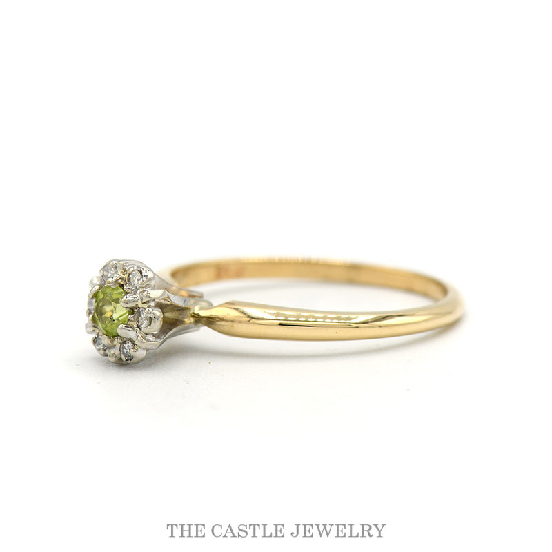 Round Peridot Ring with Diamond Halo in 14k Yellow Gold