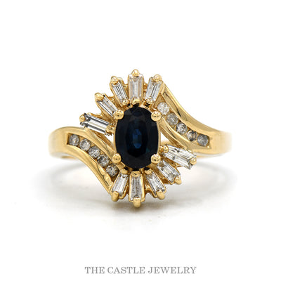 14k yellow gold oval sapphire ballerina ring with diamond accents — top view