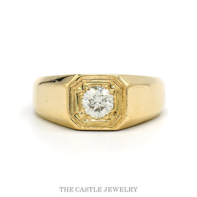 14k yellow gold men's solitaire ring with 0.50ct round brilliant diamond bezel-set in a stepped octagonal mounting — top view