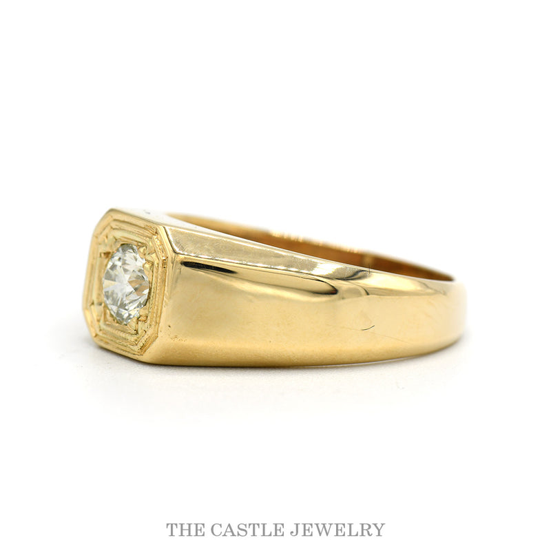 Side profile of the 14k yellow gold diamond solitaire men's ring showing bezel height and band thickness