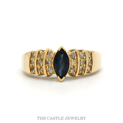 14k yellow gold marquise sapphire ring with three-row diamond shoulders — top view