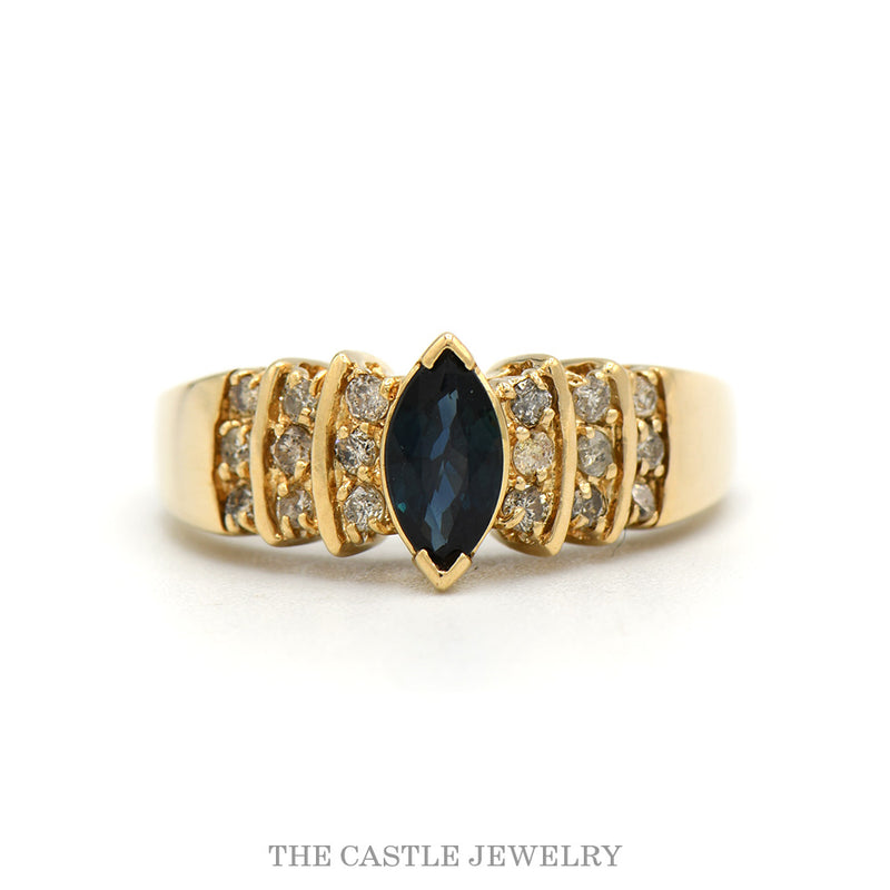 14k yellow gold marquise sapphire ring with three-row diamond shoulders — top view