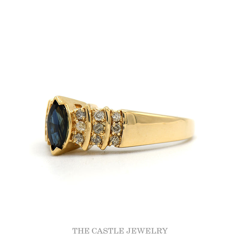 Side profile of the 14k yellow gold marquise sapphire ring