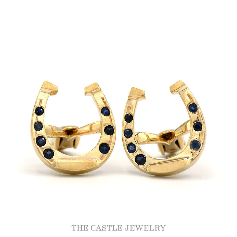 14k yellow gold horseshoe cufflinks with sapphire accents — top view