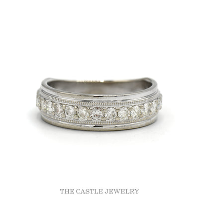 3/4cttw 16 Round Diamond Men's Wedding Band with Milgrain Edges in 10k White Gold