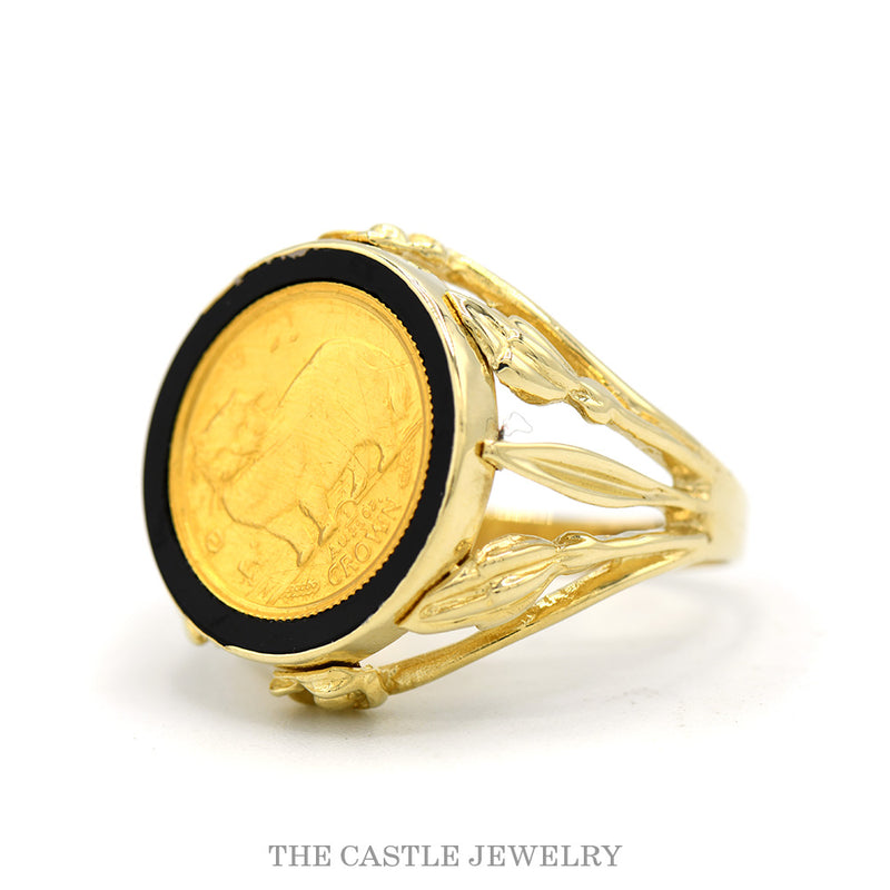 Cat Crown Coin Ring with Black Enamel Bezel and Split Sides in 14k Yellow Gold