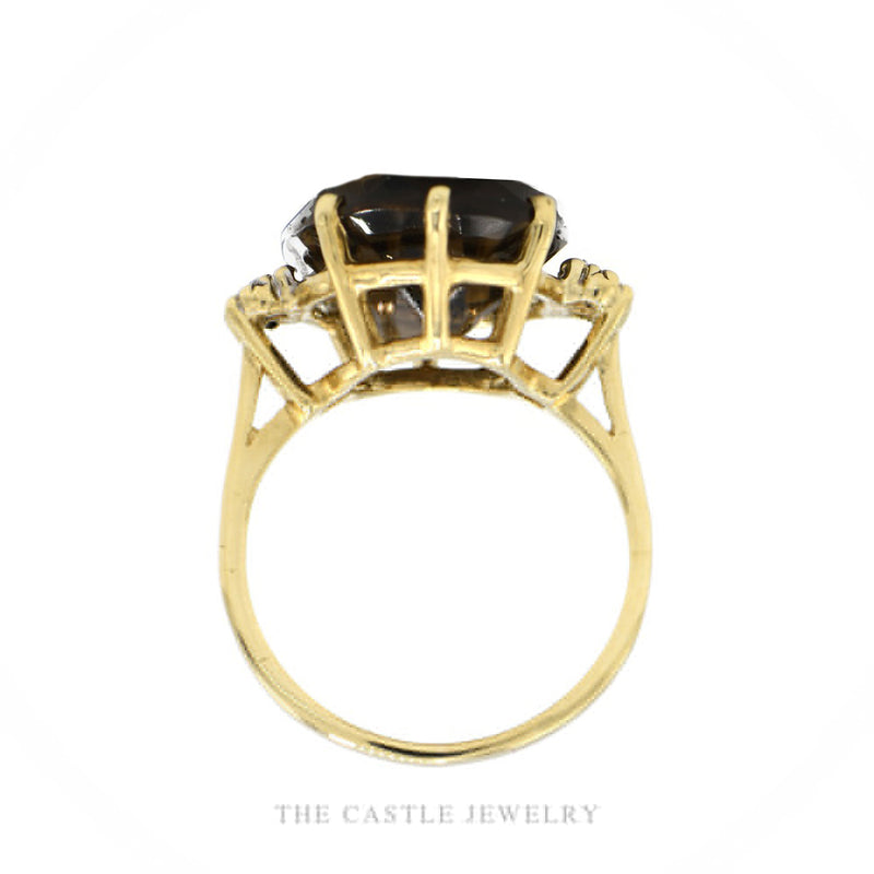 Front-facing view of the 10k yellow gold smoky quartz ring showing illusion-set diamond shoulder detail