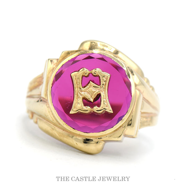 10k yellow gold men's initial ring with round synthetic ruby and applied gold letter 'H' in mid-century signet style — top view