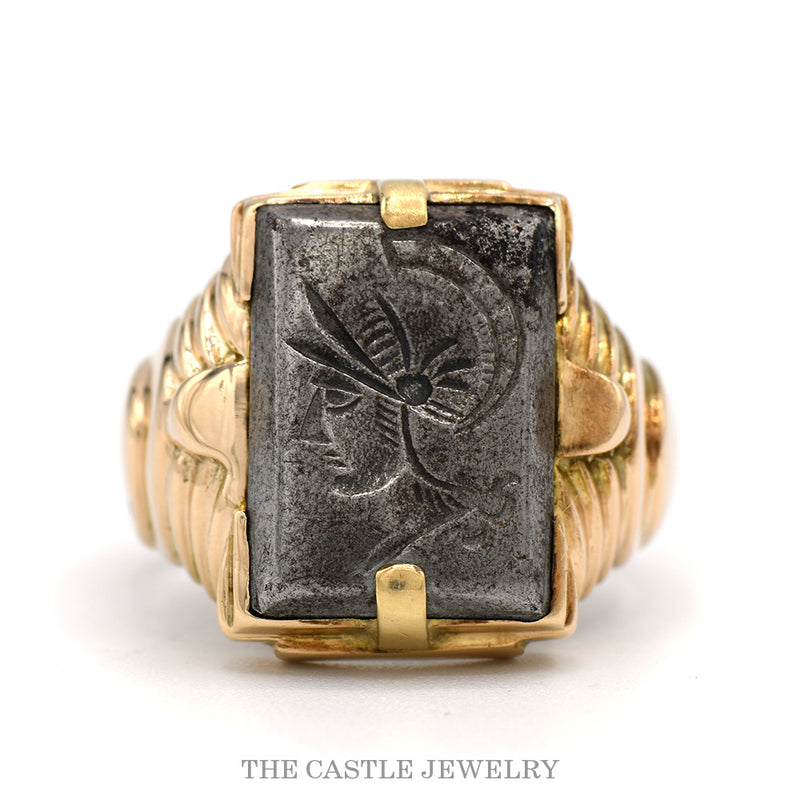 10k yellow gold men's ring with rectangular gray hematite intaglio carved with a Roman warrior profile and fluted shoulders — top view