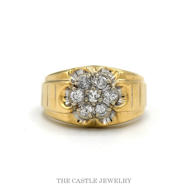 10k yellow gold seven diamond scalloped cluster men's ring — top view