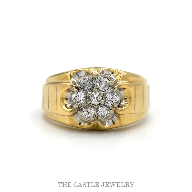 10k yellow gold seven diamond scalloped cluster men's ring — top view