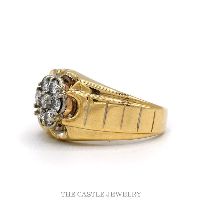 Side profile of the 10k yellow gold men's diamond cluster ring showing the tapered grooved shoulders