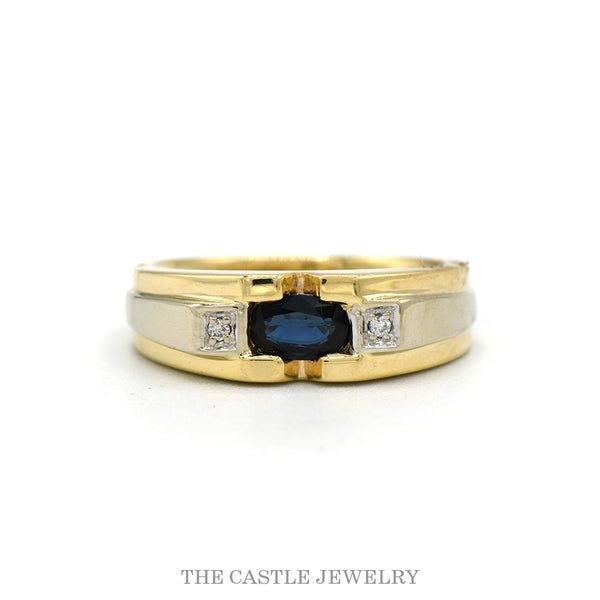 14k two tone gold oval sapphire men's ring with illusion set diamond sides — top view