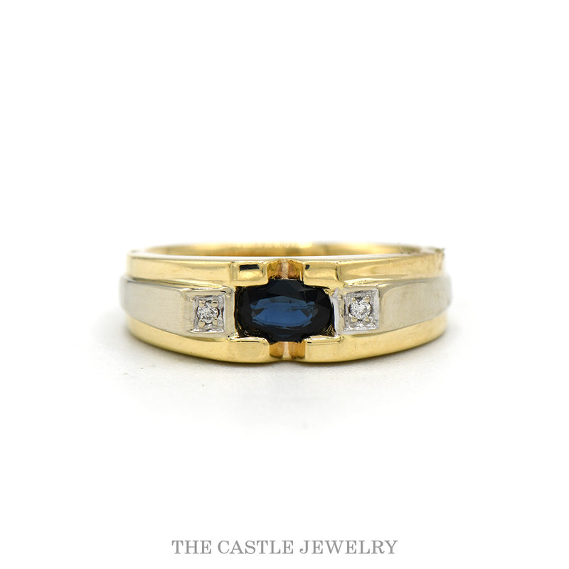 14k two tone gold oval sapphire men's ring with illusion set diamond sides — top view
