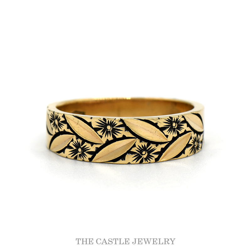 14k yellow gold floral design band with engraved leaves and flowers — top view