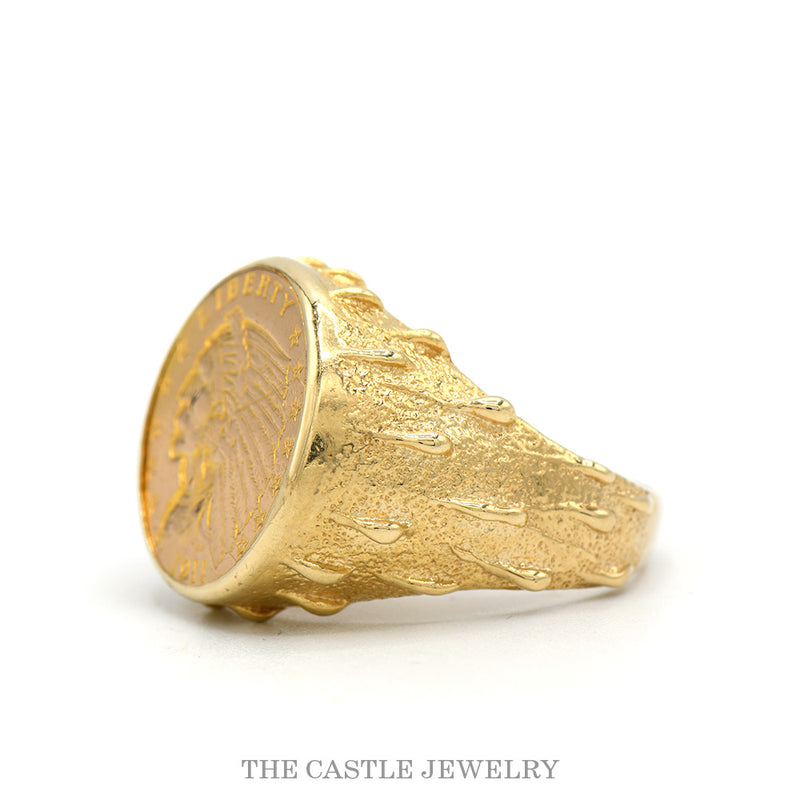 Side profile of the 14k yellow gold coin ring showing drop design shoulders