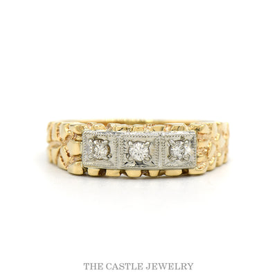 10k yellow gold men's three-diamond nugget band — top view