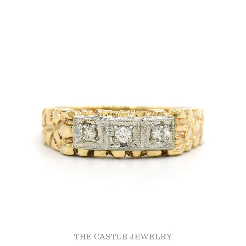 10k yellow gold men's three-diamond nugget band — top view