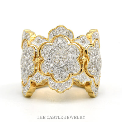 14k two-tone gold three-flower diamond cigar band — top view