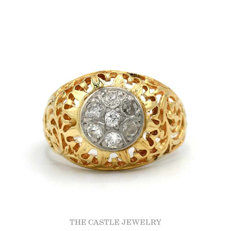 14k two-tone 0.50cttw diamond Kentucky Cluster ring with scrollwork dome — top view