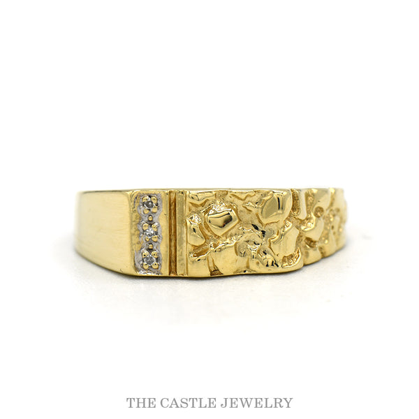 10k yellow gold nugget textured band with vertical diamond row — top view