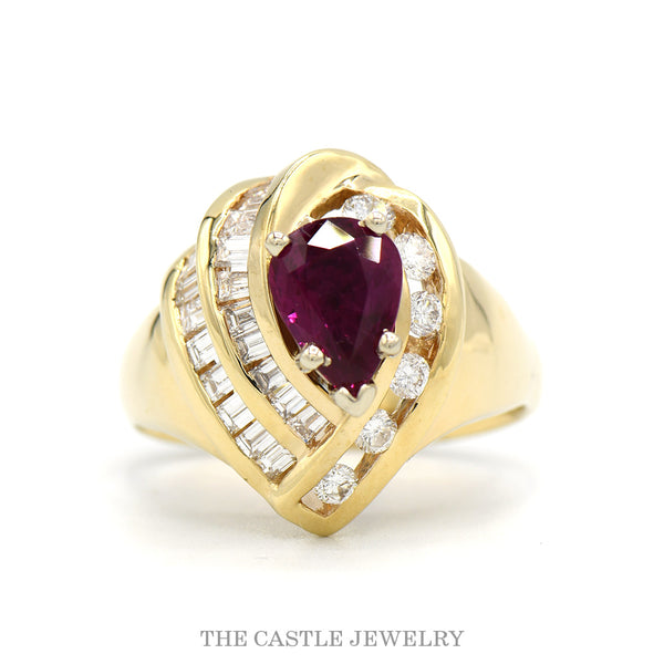 14k yellow gold pear ruby cocktail ring with diamond swirl frame — top view