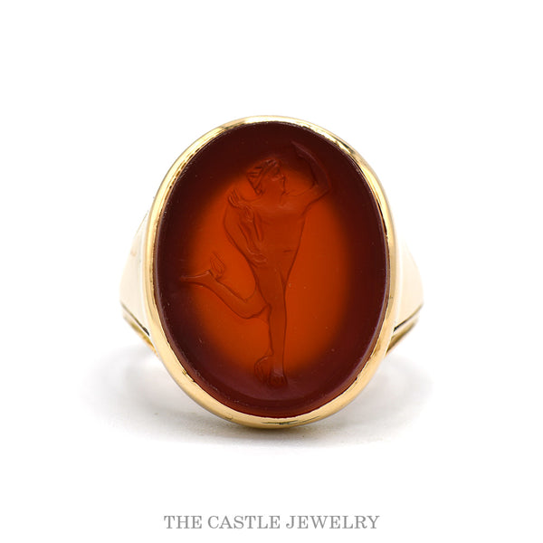 10k yellow gold oval carnelian intaglio ring with dancing classical figure — top view