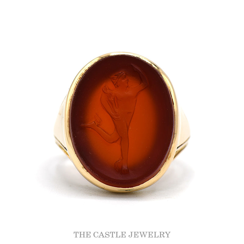 10k yellow gold oval carnelian intaglio ring with dancing classical figure — top view