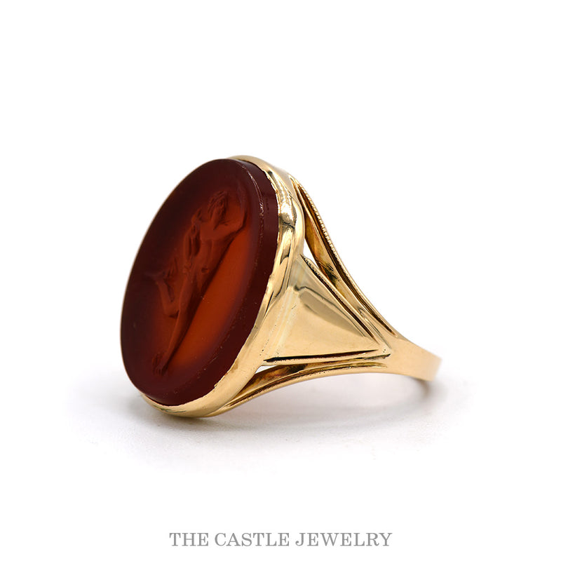 Side profile of the 10k yellow gold carnelian intaglio signet ring