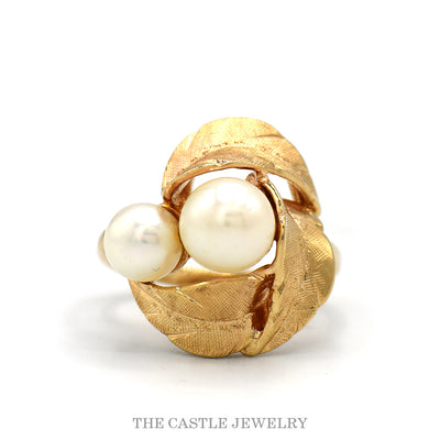 14k yellow gold double pearl ring with brushed leaf design — top view