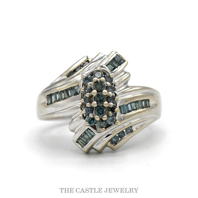 10k white gold blue diamond marquise cluster bypass ring — top view