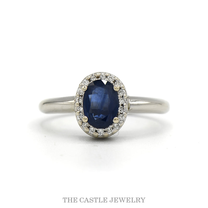 10k white gold oval sapphire diamond halo ring — top view